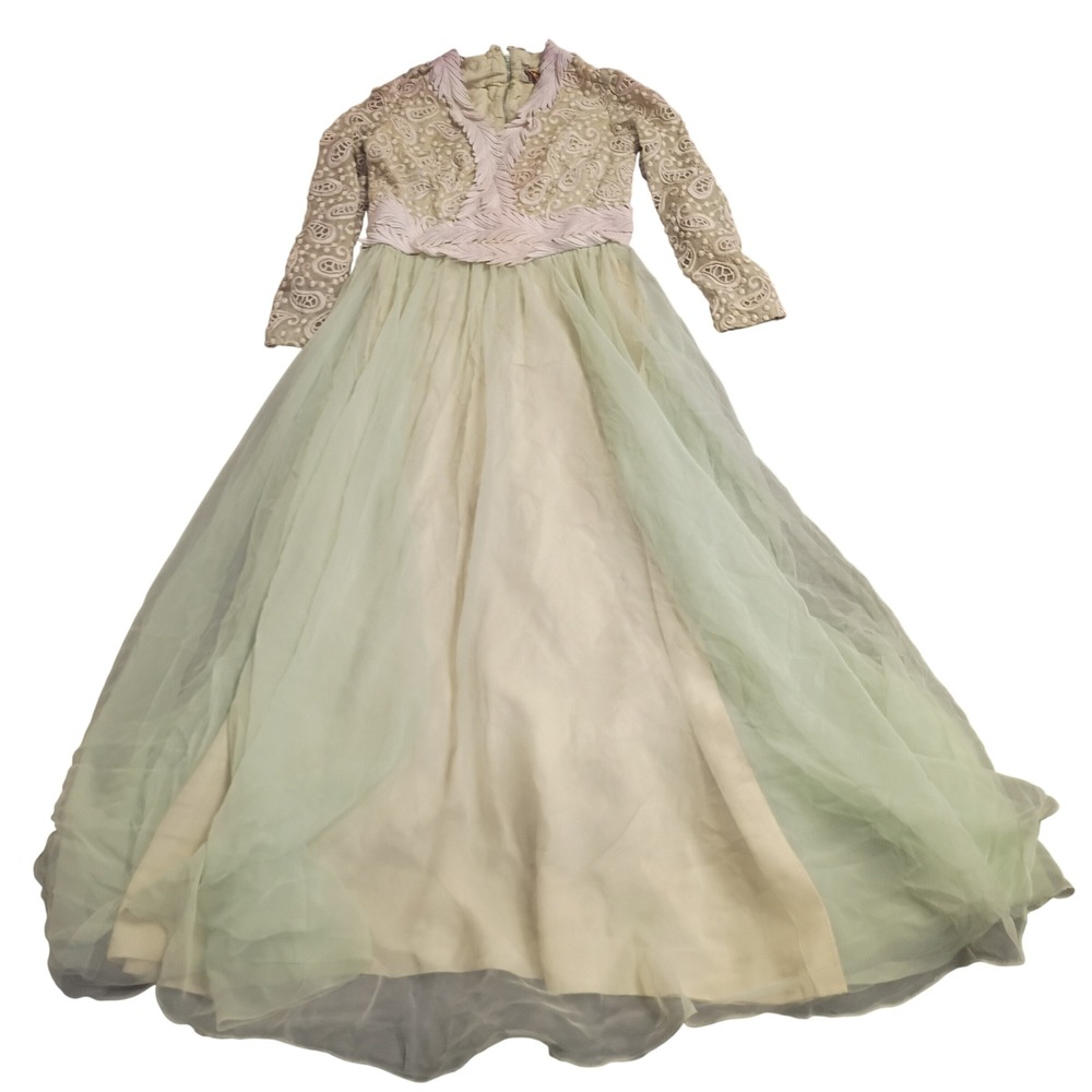 Everest Vintage Maxi Dress Womens XS Green Tulle Paisley Lace Feather Gown
